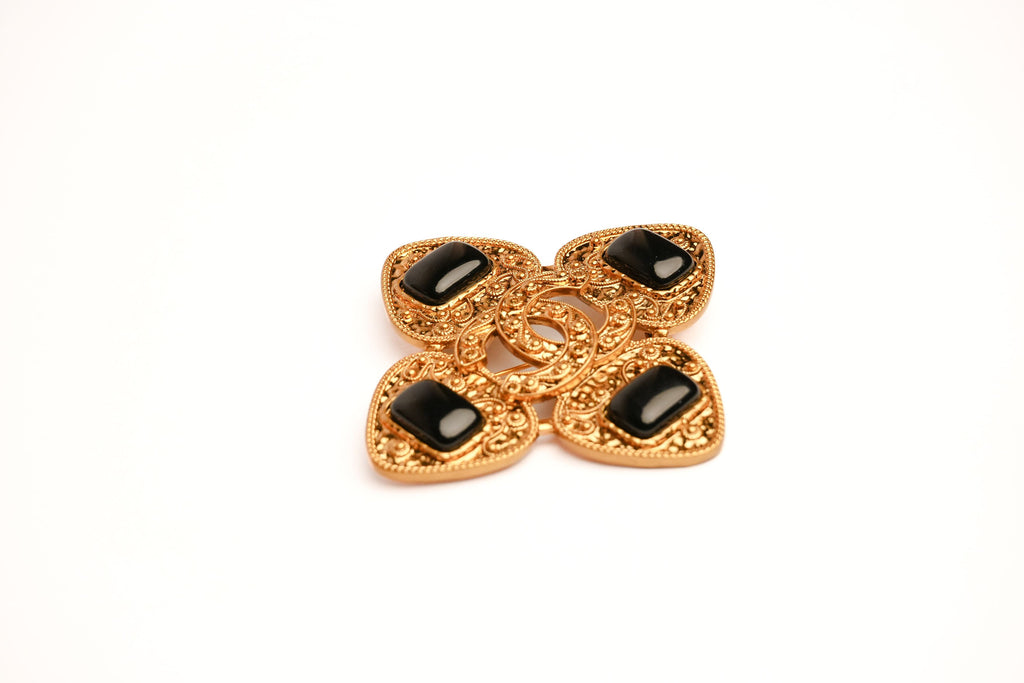 Antique Gold Double C Black Stone Brooch | Designer Inspired Fashion Pin