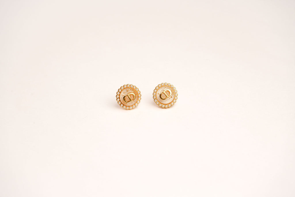 Alphabet CD White Textured Stone Studs with Pearl in Gold | Elegant Earrings