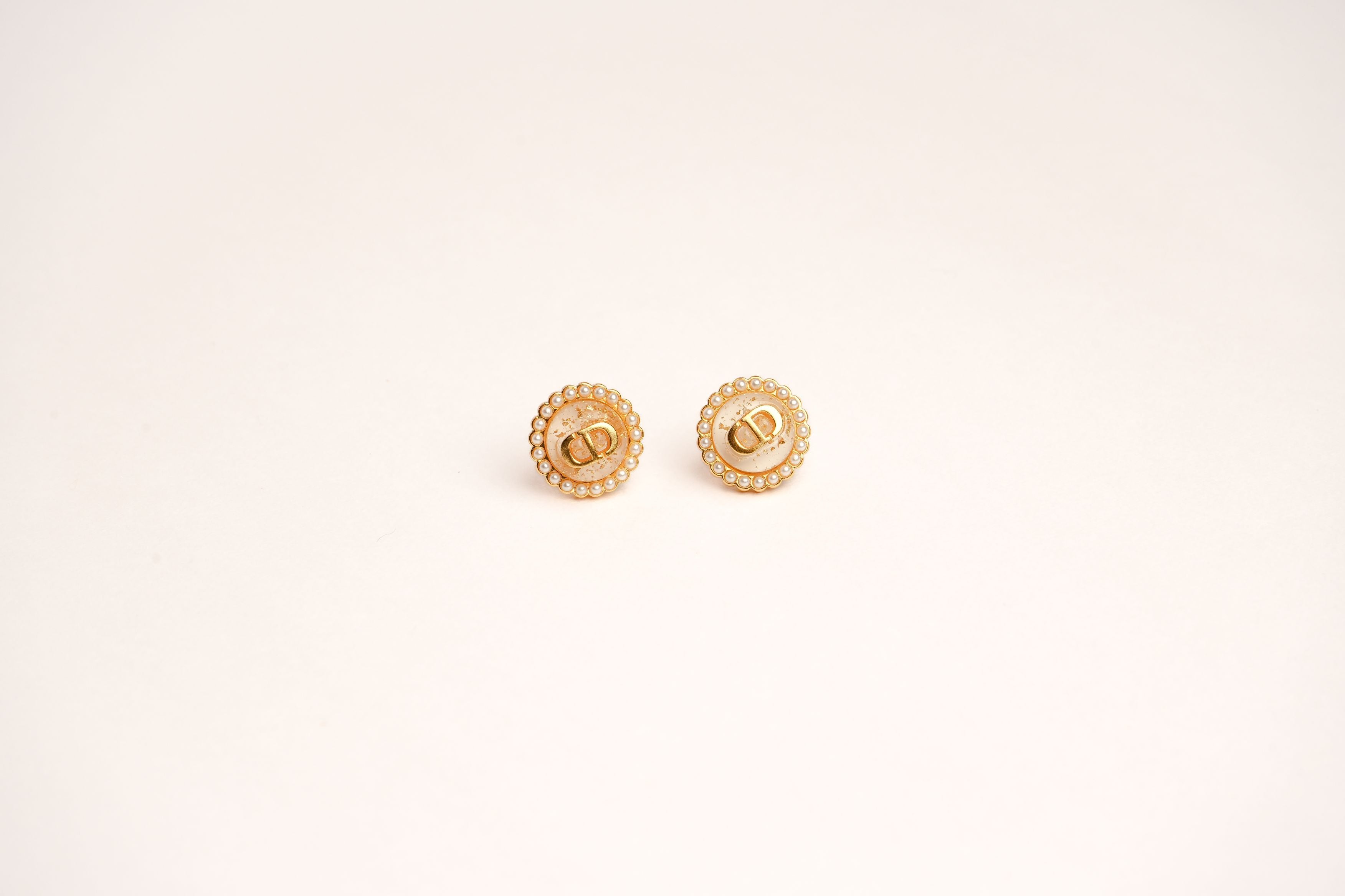 Alphabet CD White Textured Stone Studs with Pearl in Gold | Elegant Earrings