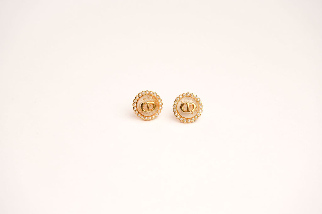 Alphabet CD White Textured Stone Studs with Pearl in Gold | Elegant Earrings