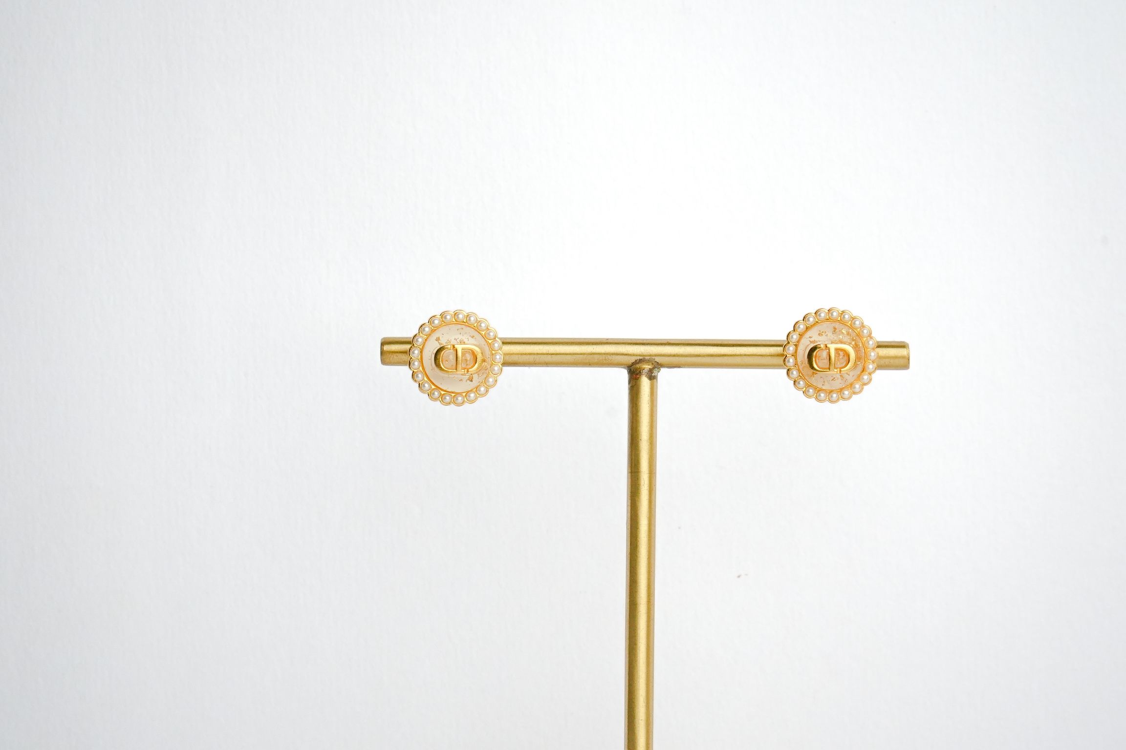 Alphabet CD White Textured Stone Studs with Pearl in Gold | Elegant Earrings