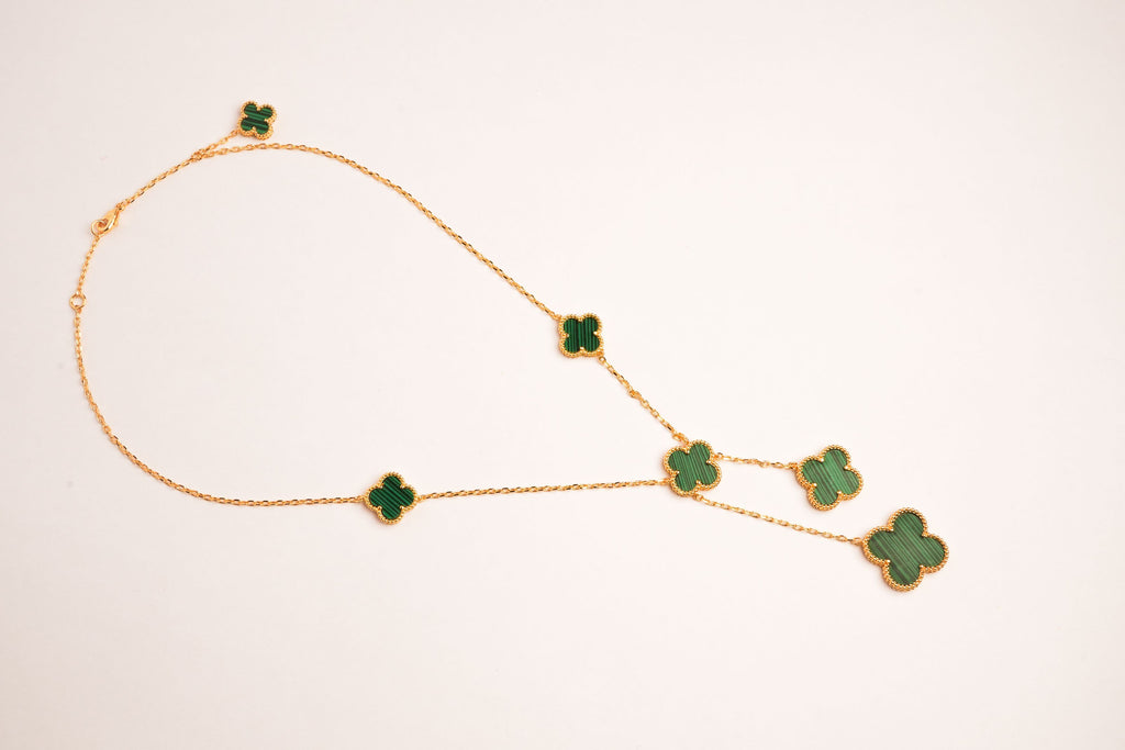 Alphabet VCA 5 Petal Gold Chain in Green Malachite | Luxury Fashion Necklace