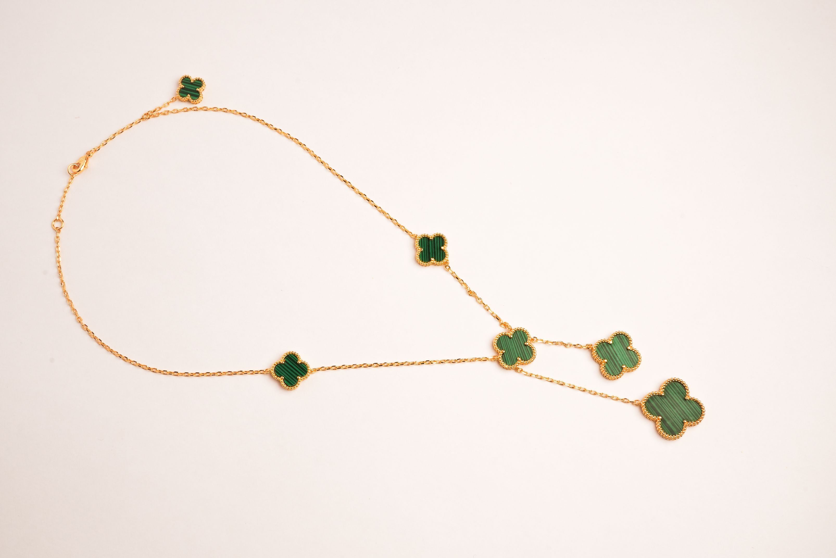 Alphabet VCA 5 Petal Gold Chain in Green Malachite | Luxury Fashion Necklace