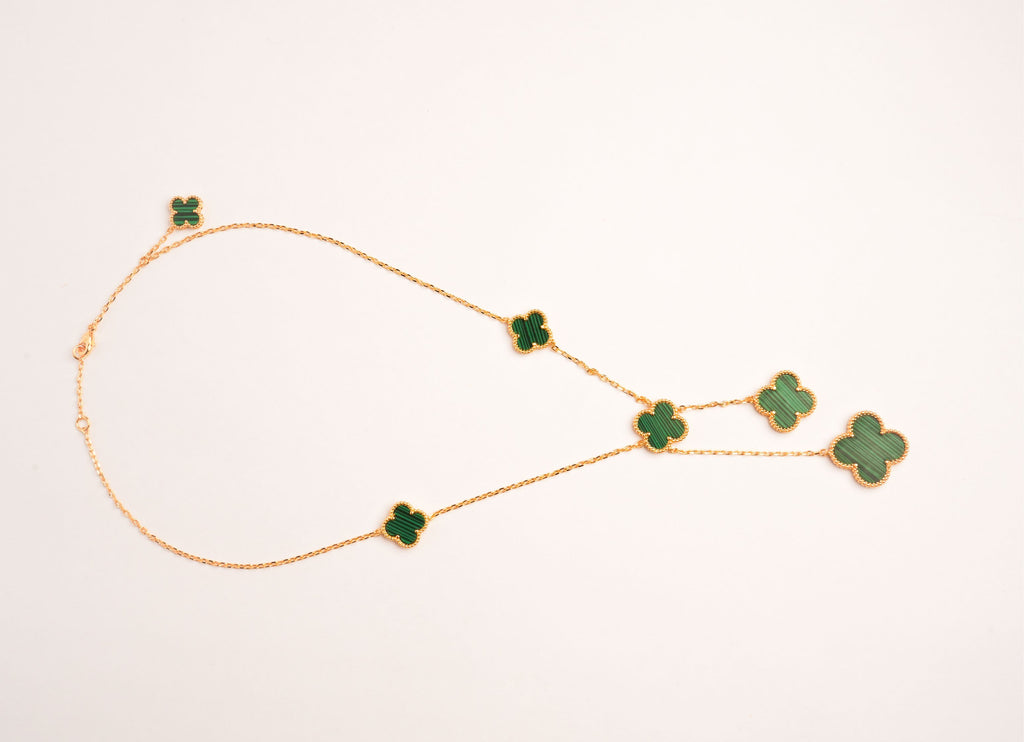 Alphabet VCA 5 Petal Gold Chain in Green Malachite | Luxury Fashion Necklace