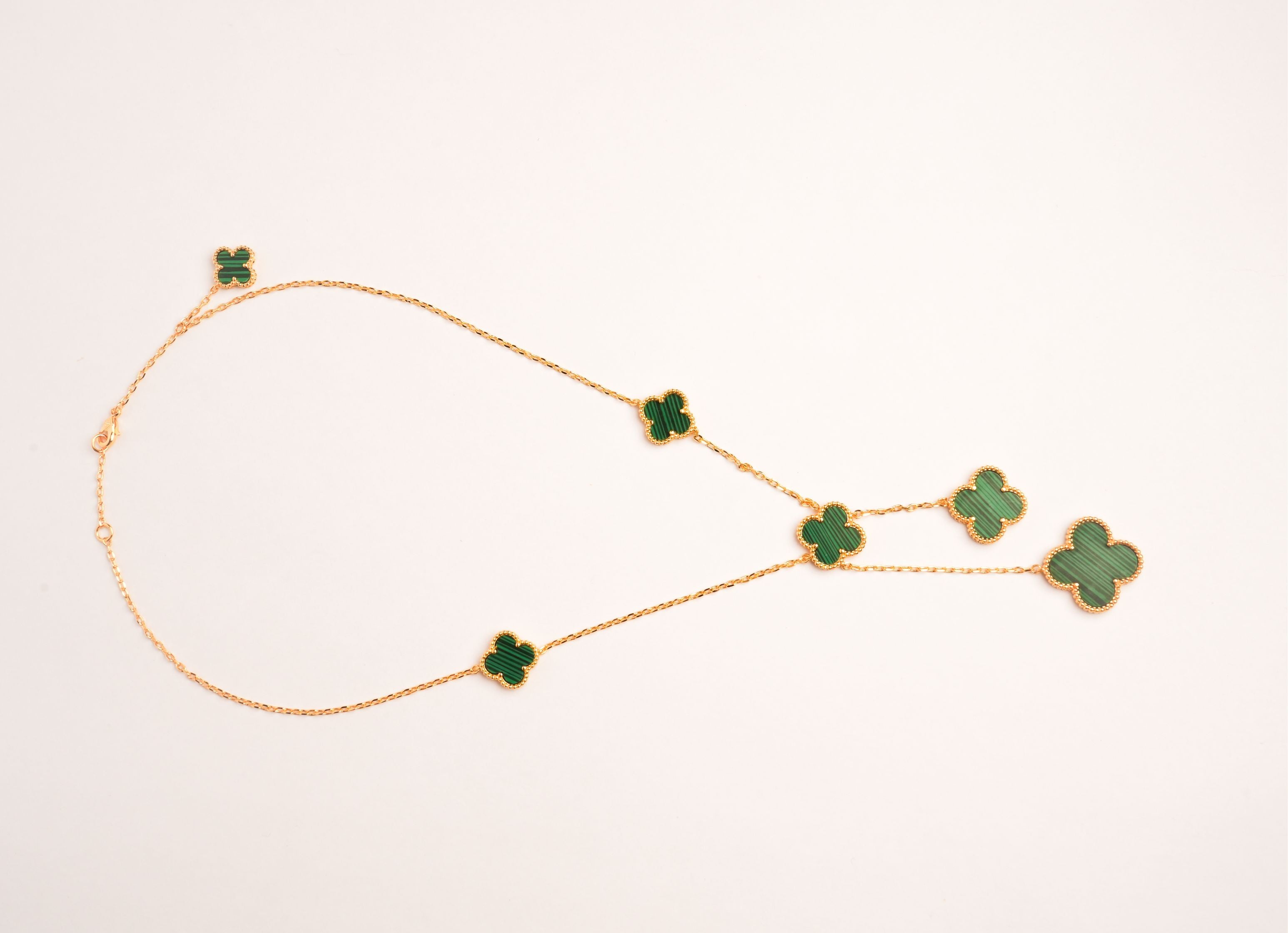 Alphabet VCA 5 Petal Gold Chain in Green Malachite | Luxury Fashion Necklace