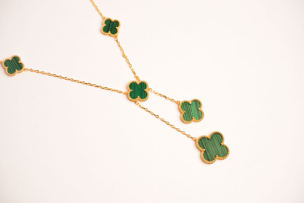Alphabet VCA 5 Petal Gold Chain in Green Malachite | Luxury Fashion Necklace