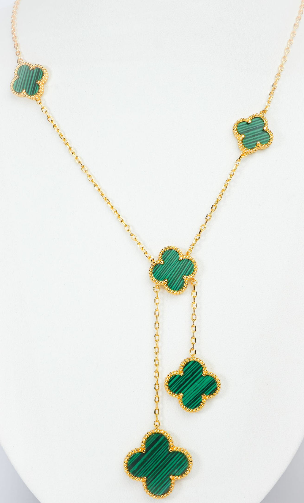 Alphabet VCA 5 Petal Gold Chain in Green Malachite | Luxury Fashion Necklace