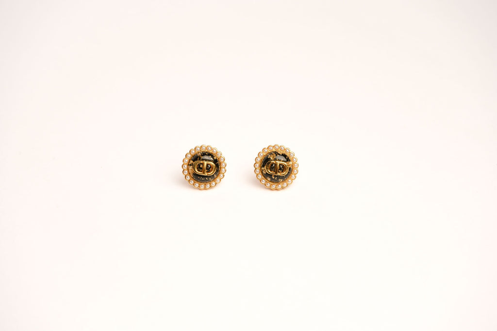 Alphabet CD Black Textured Stone with Pearl in Gold | Designer Studs