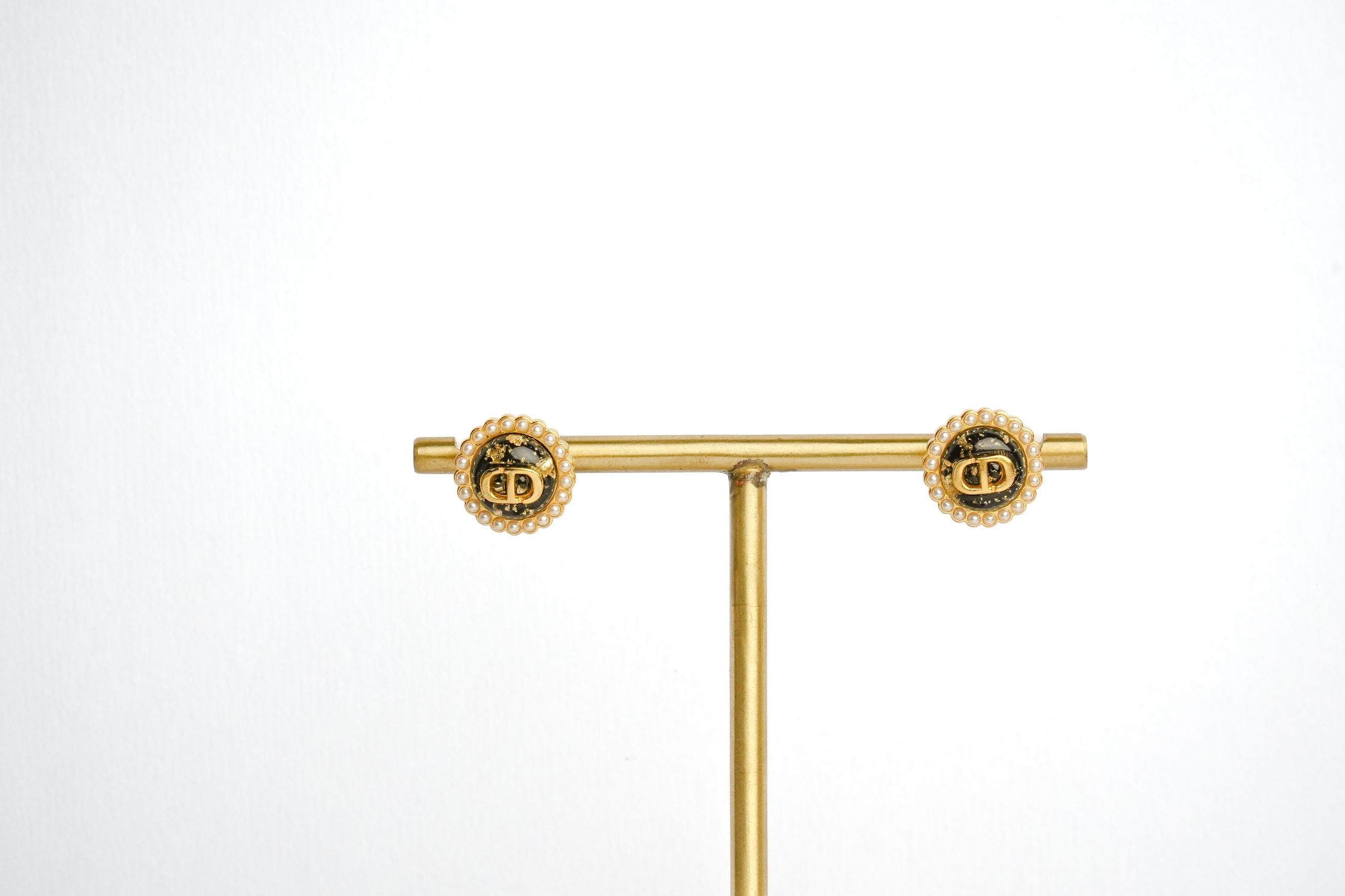 Alphabet CD Black Textured Stone with Pearl in Gold | Designer Studs