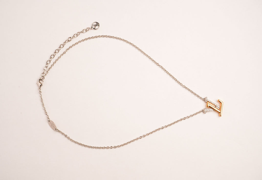 Alphabet L V Platinum Chain with Dual Plated Logo in CZ | Designer Necklace