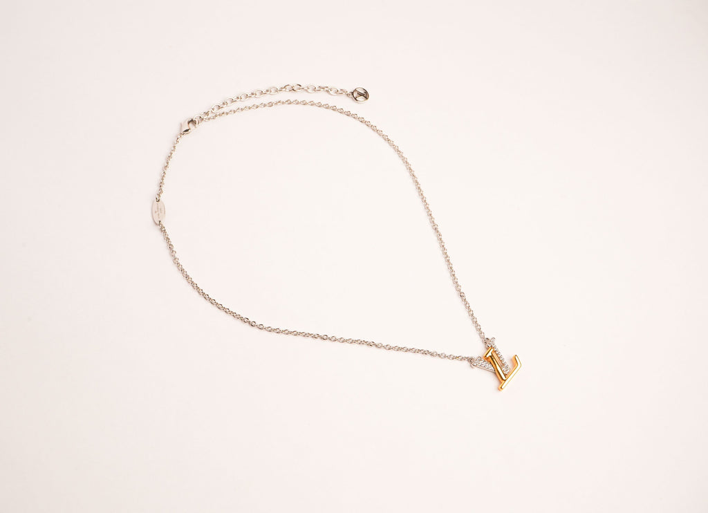 Alphabet L V Platinum Chain with Dual Plated Logo in CZ | Designer Necklace
