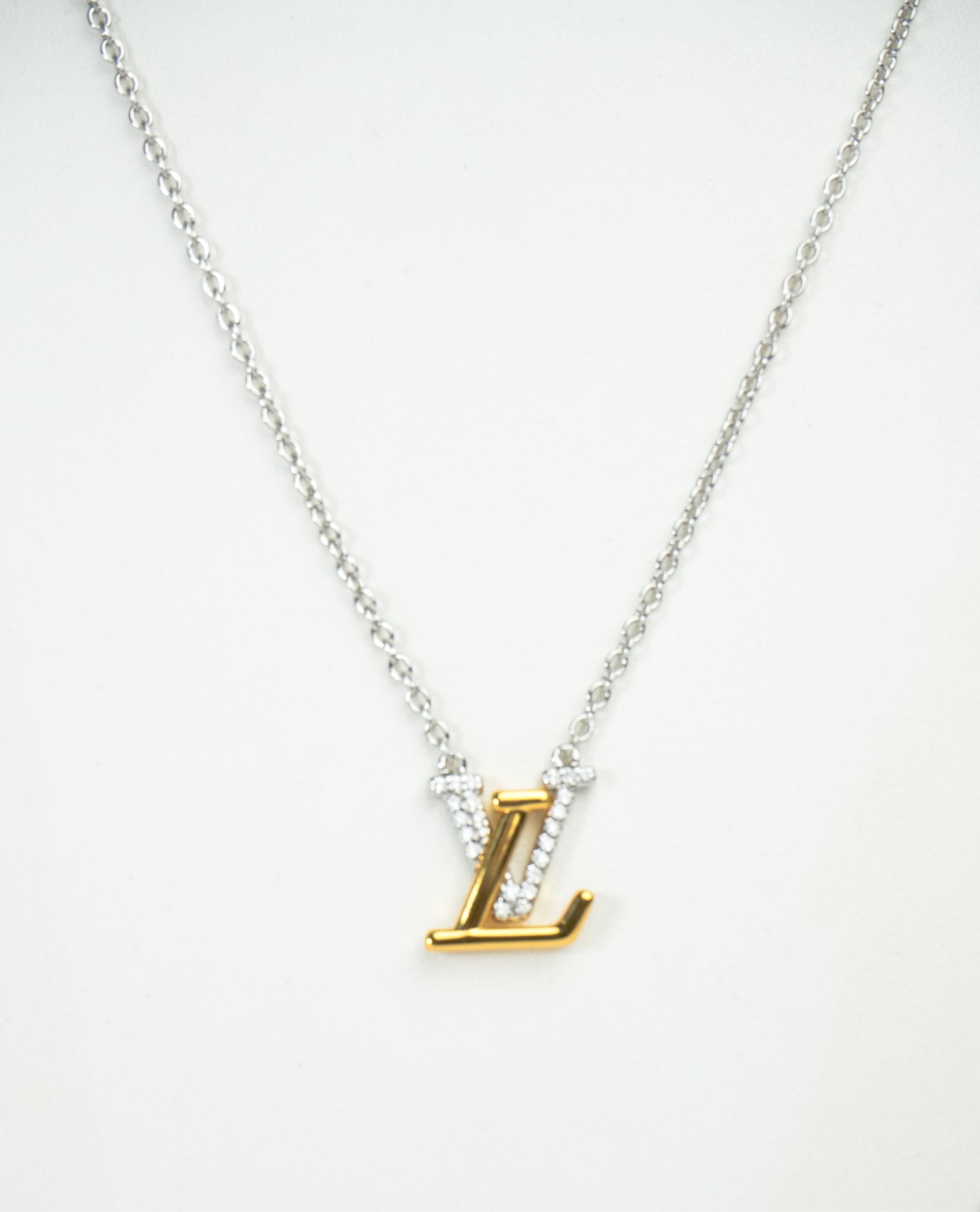 Alphabet L V Platinum Chain with Dual Plated Logo in CZ | Designer Necklace