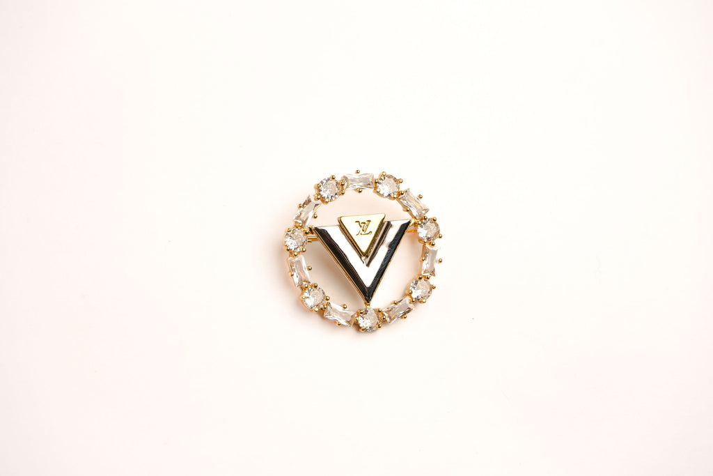 Alphabet L V Gold Plated Brooch with CZ | Luxury Letter Pin Fashion Jewelry