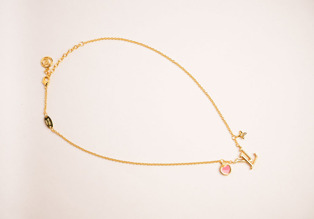 Alphabet L V Sleek Gold Chain with Logo and Pink Heart Motif | Love Necklace