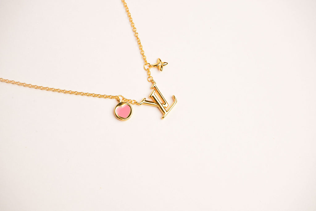Alphabet L V Sleek Gold Chain with Logo and Pink Heart Motif | Love Necklace