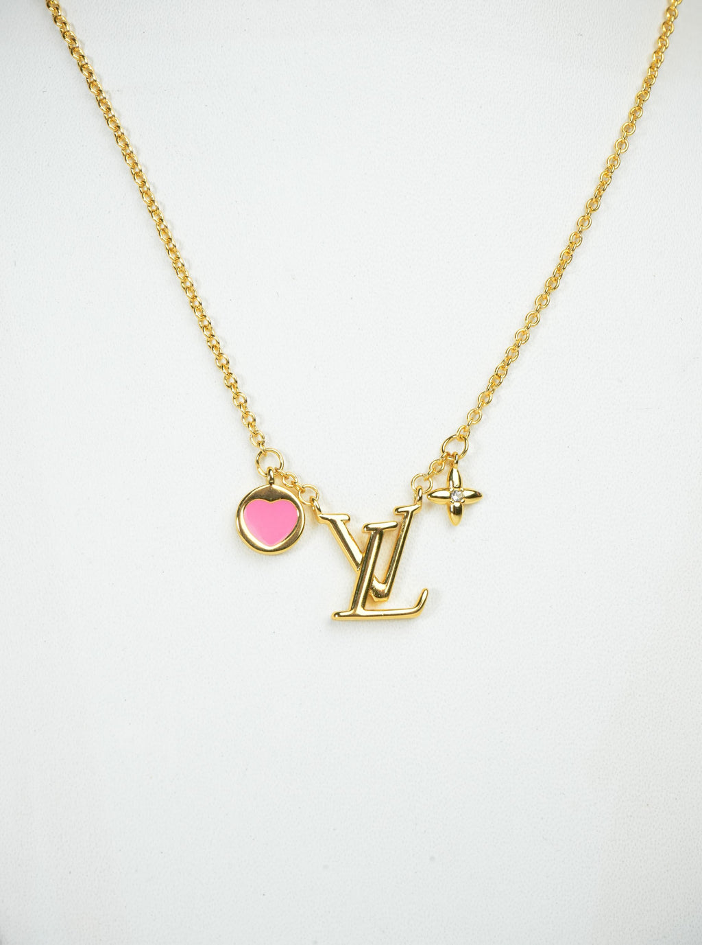 Alphabet L V Sleek Gold Chain with Logo and Pink Heart Motif | Love Necklace
