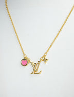 Alphabet L V Sleek Gold Chain with Logo and Pink Heart Motif | Love Necklace