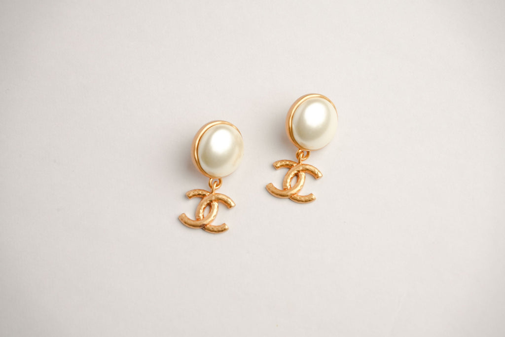 Double C Matt Gold Studs with White Round Pearl | Classic Earrings