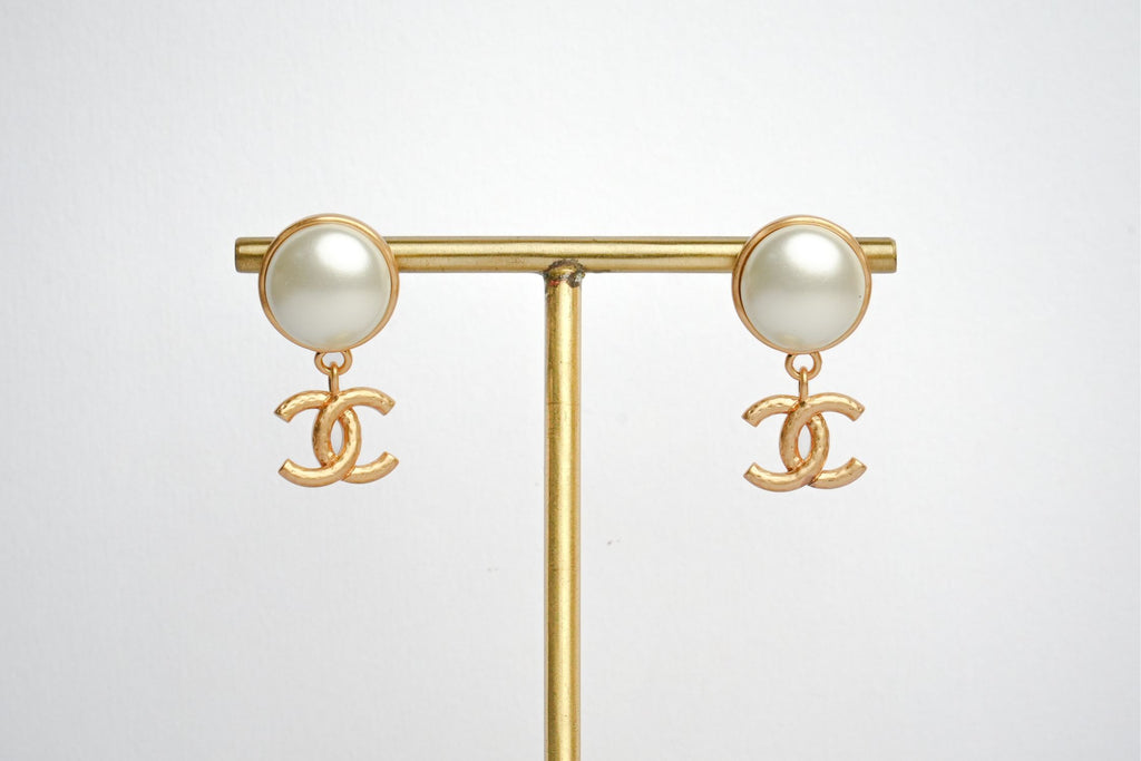 Double C Matt Gold Studs with White Round Pearl | Classic Earrings