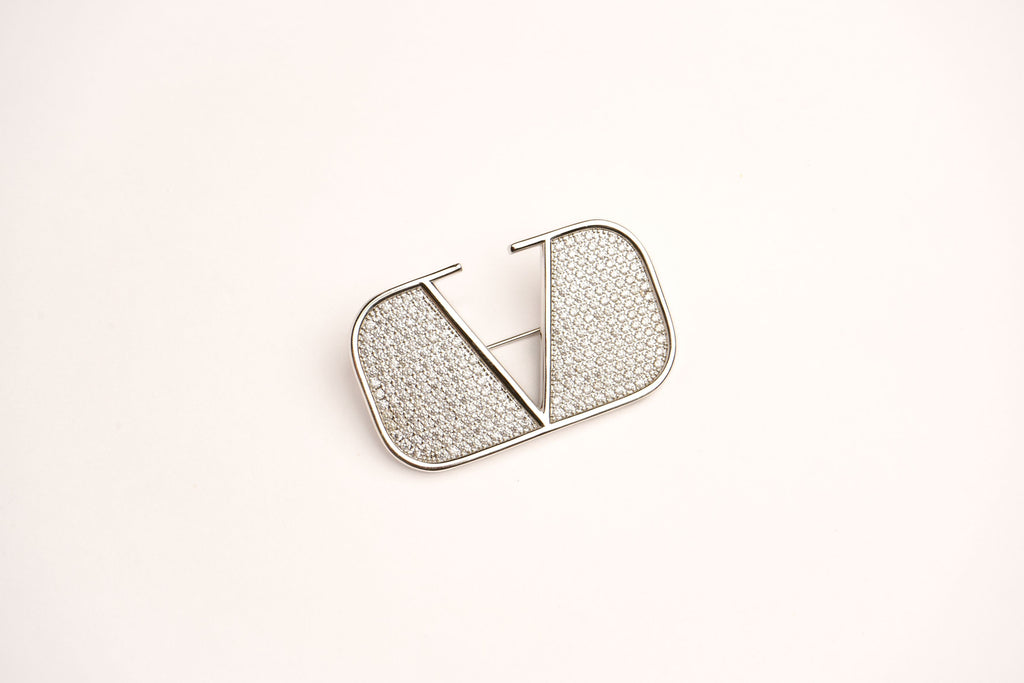 Alphabet V Platinum Plated Brooch with CZ Stones | Elegant Letter Pin