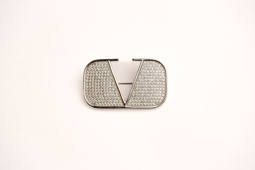 Alphabet V Platinum Plated Brooch with CZ Stones | Elegant Letter Pin