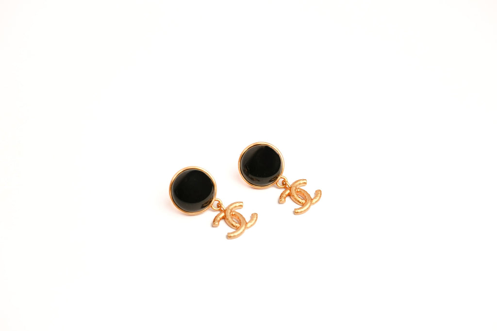Double C Matt Gold Studs with Black Round Stone | Chic Fashion Earrings