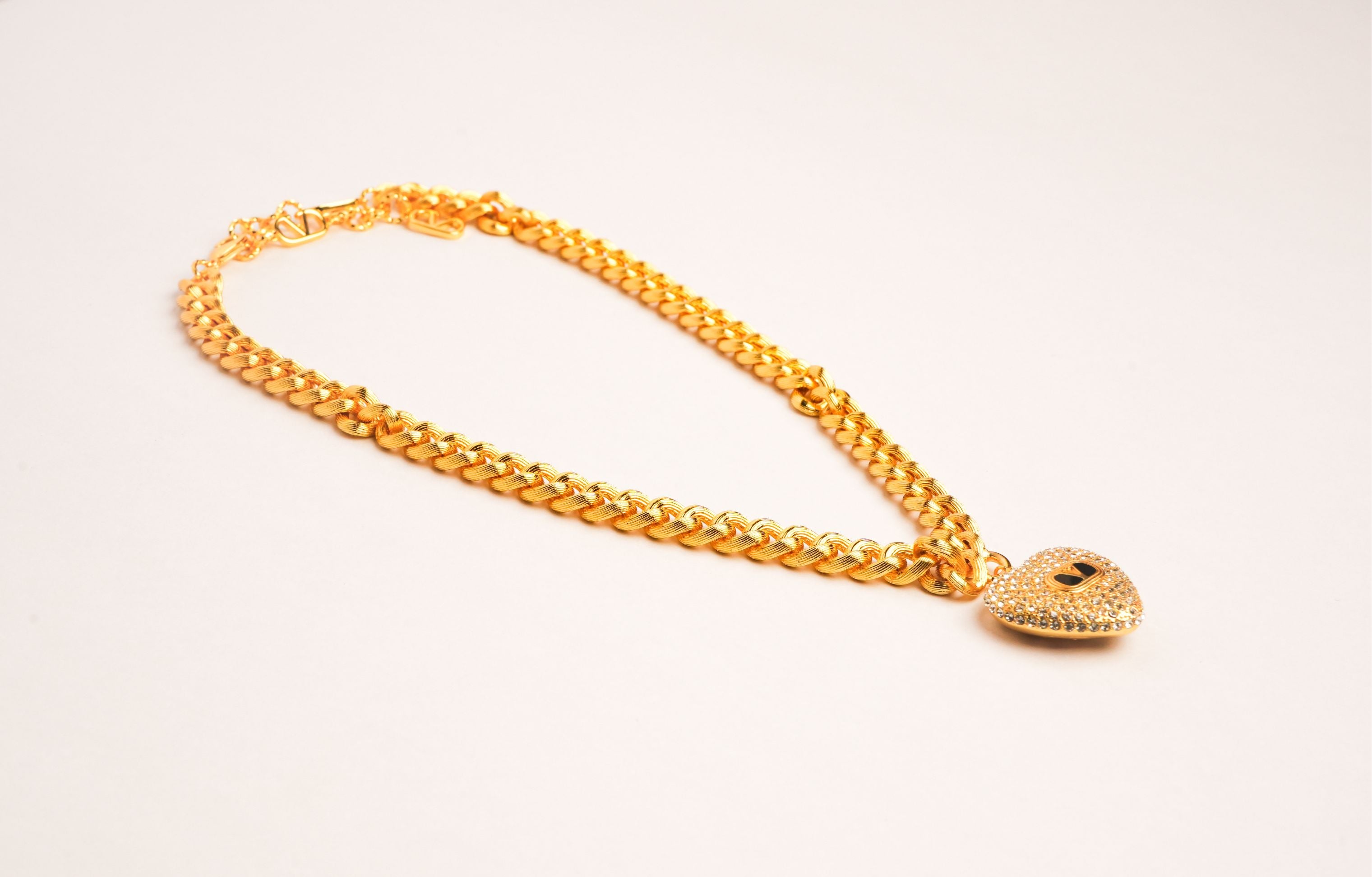 Alphabet V Chunky Gold Chain with Heart Motif in CZ | Statement Necklace