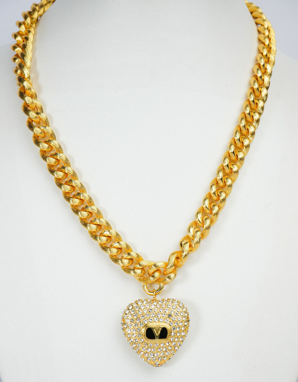 Alphabet V Chunky Gold Chain with Heart Motif in CZ | Statement Necklace