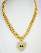 Alphabet V Chunky Gold Chain with Heart Motif in CZ | Statement Necklace