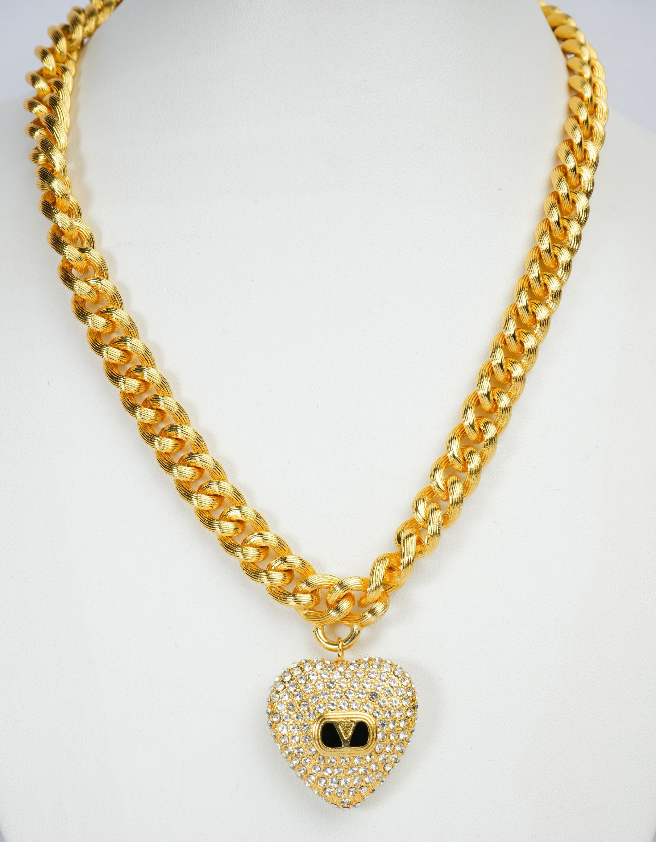 Alphabet V Chunky Gold Chain with Heart Motif in CZ | Statement Necklace