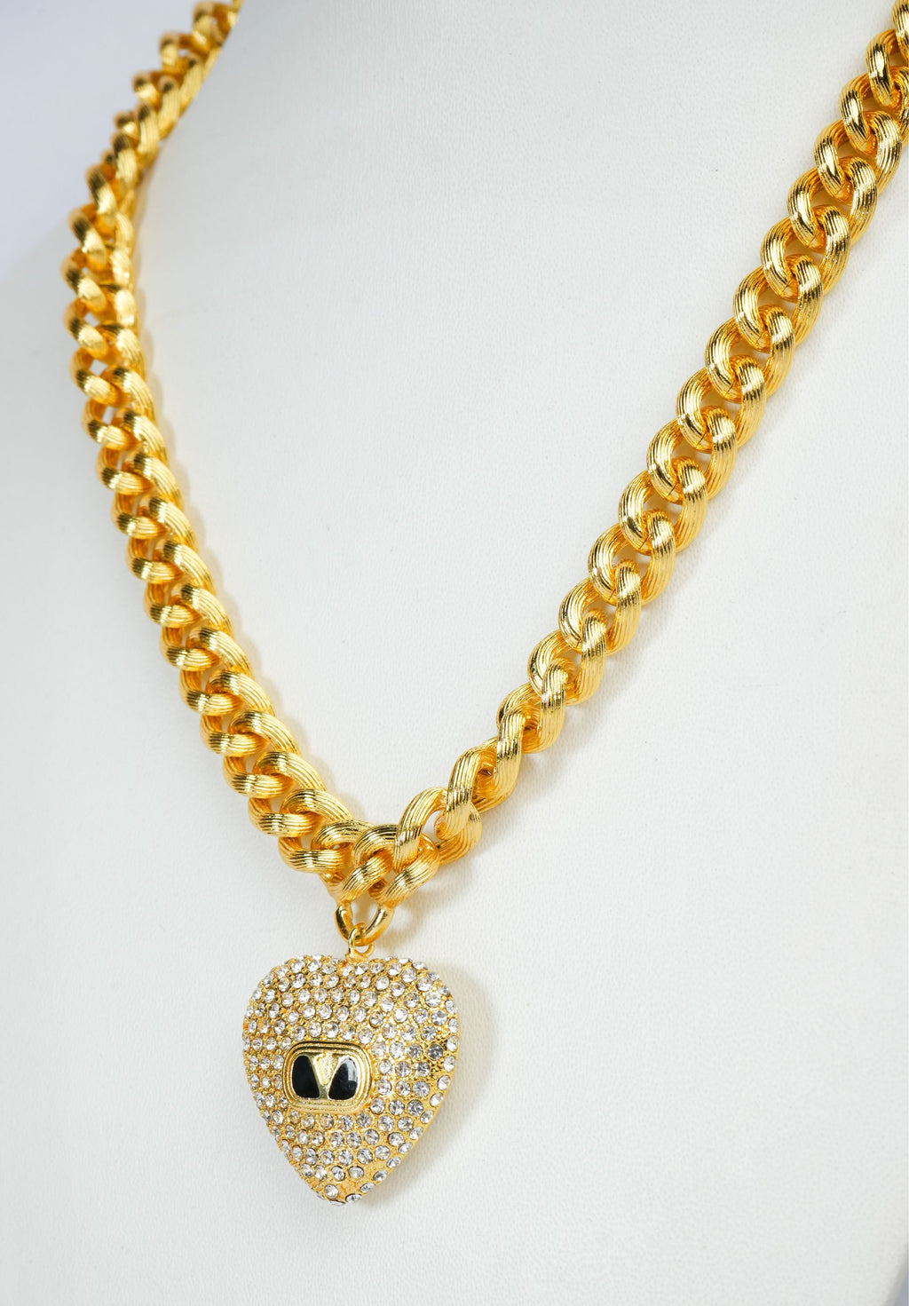 Alphabet V Chunky Gold Chain with Heart Motif in CZ | Statement Necklace