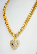 Alphabet V Chunky Gold Chain with Heart Motif in CZ | Statement Necklace