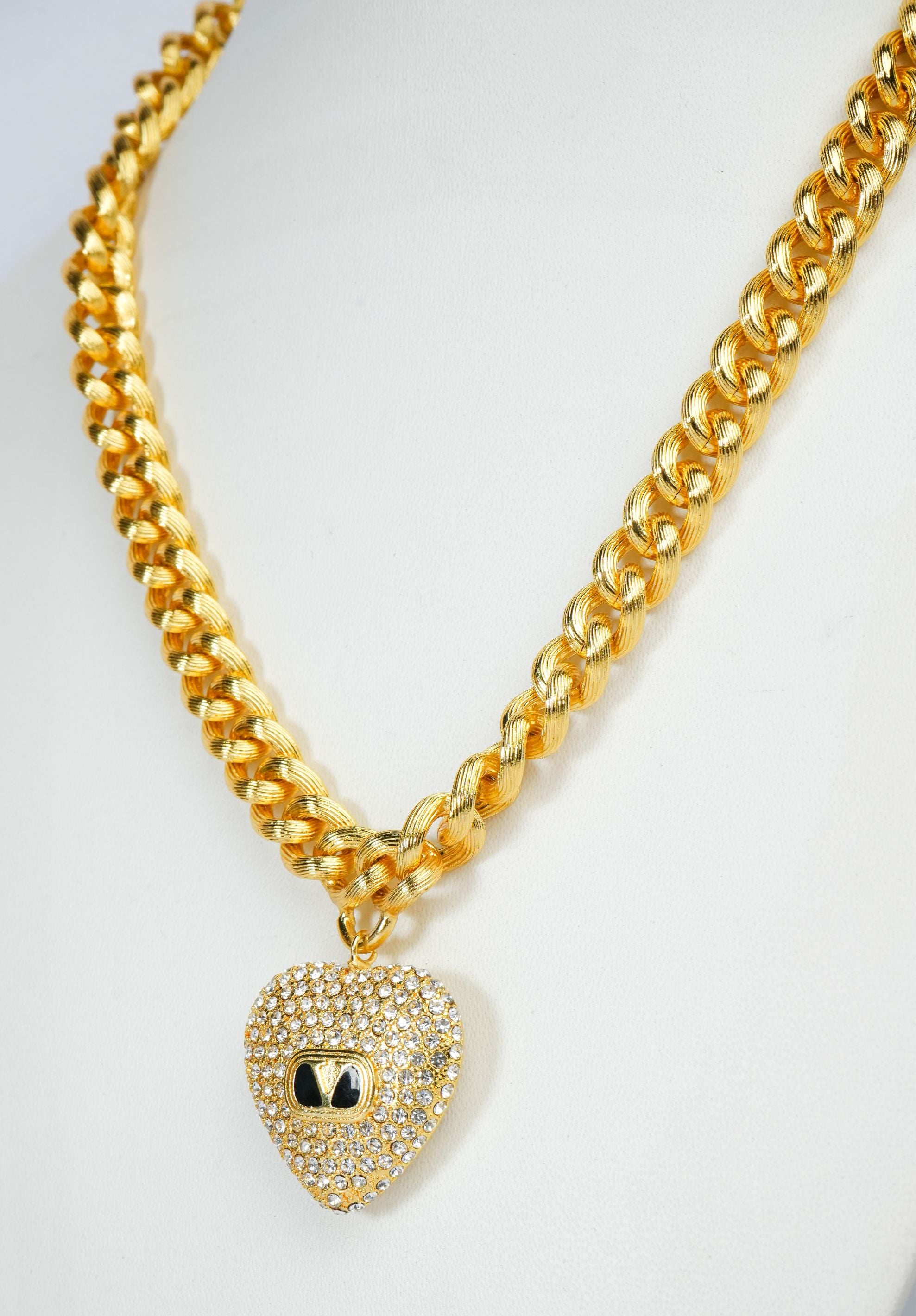 Alphabet V Chunky Gold Chain with Heart Motif in CZ | Statement Necklace