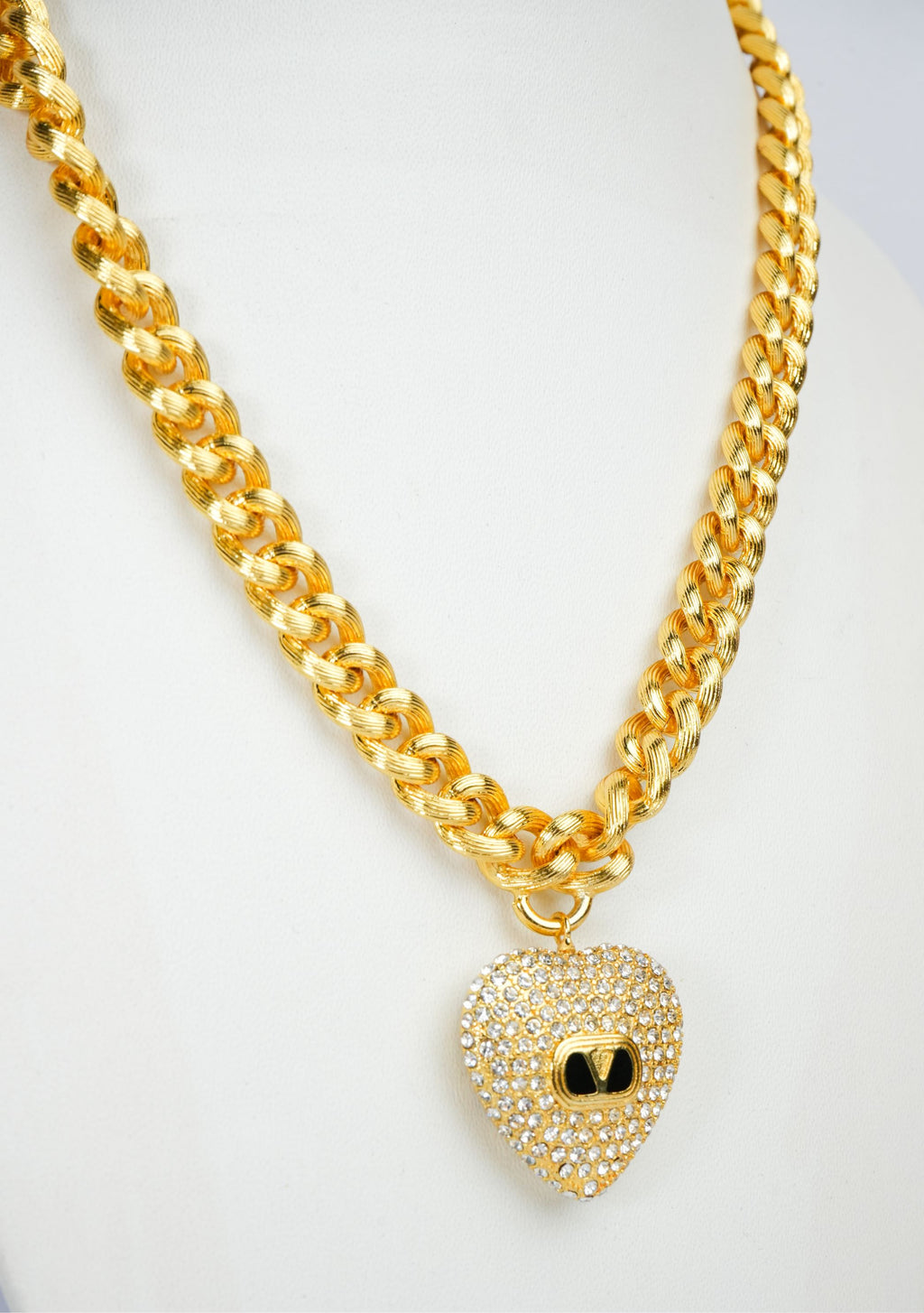 Alphabet V Chunky Gold Chain with Heart Motif in CZ | Statement Necklace