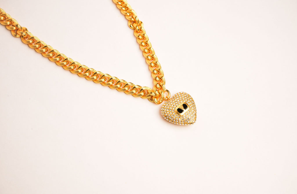 Alphabet V Chunky Gold Chain with Heart Motif in CZ | Statement Necklace
