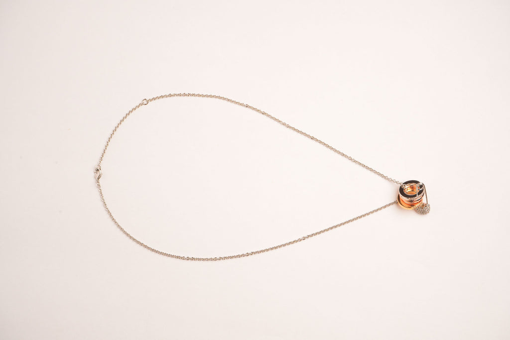 Alphabet C Safety Pin Tri Color Circles Motif Chain in Platinum with CZ | Fashion Necklace