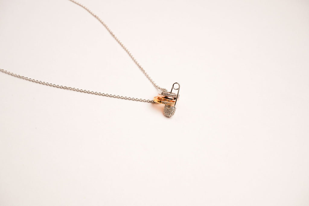 Alphabet C Safety Pin Tri Color Circles Motif Chain in Platinum with CZ | Fashion Necklace