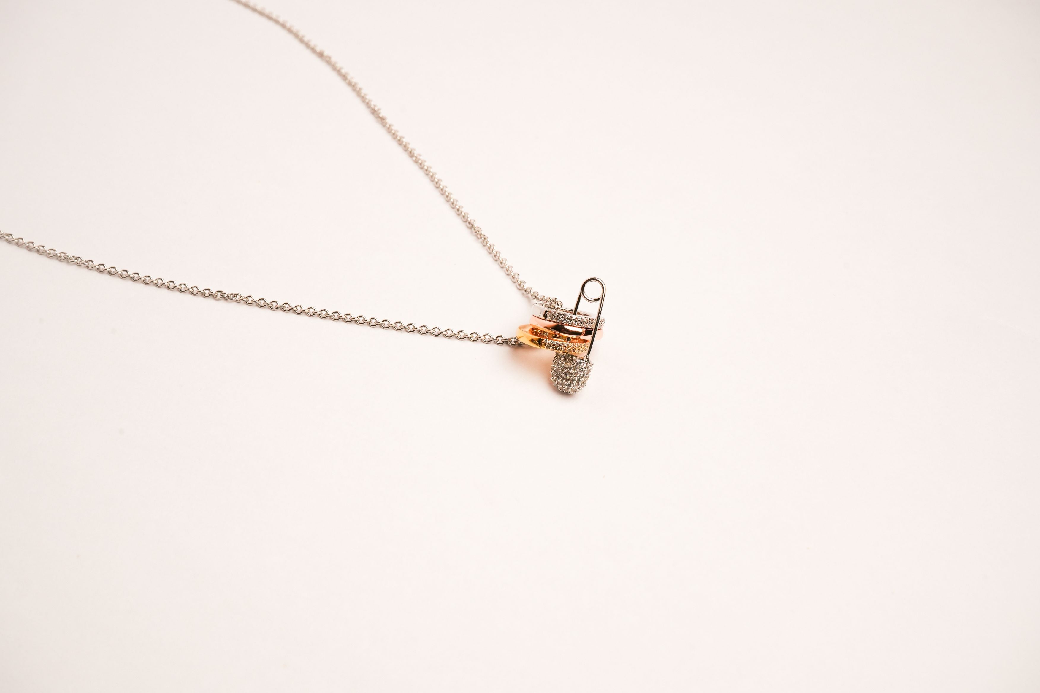 Alphabet C Safety Pin Tri Color Circles Motif Chain in Platinum with CZ | Fashion Necklace