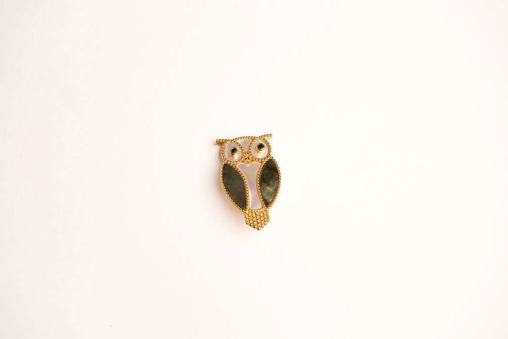 Alphabet VCA White Grey MOP Owl Brooch | Mother of Pearl Bird Fashion Pin