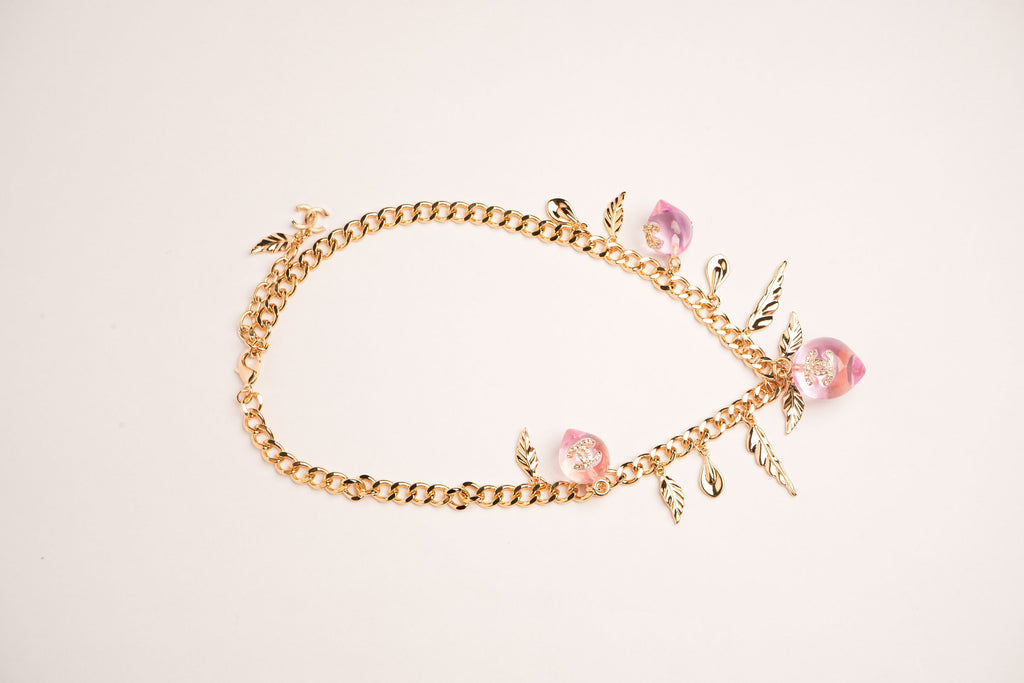 Double C Pink Drop Feather Charms Link Chain in Pale Gold | Luxury Fashion Necklace