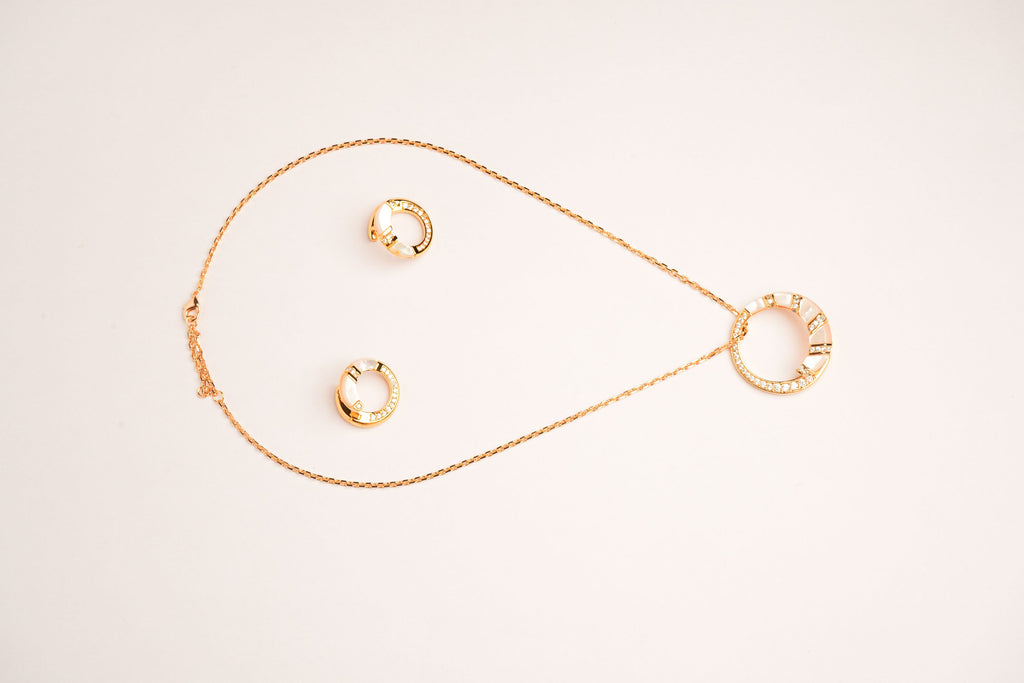 Alphabet BVL White MOP CZ Pendant Set with Gold Chain | Designer Jewelry Set