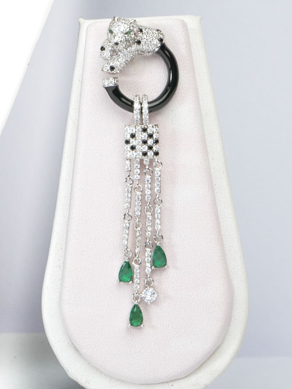Alphabet C Panther Chain Set in Platinum with Black Circle Green Drops | Luxury Jewelry Set