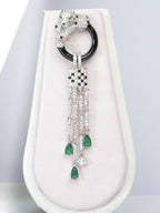 Alphabet C Panther Chain Set in Platinum with Black Circle Green Drops | Luxury Jewelry Set