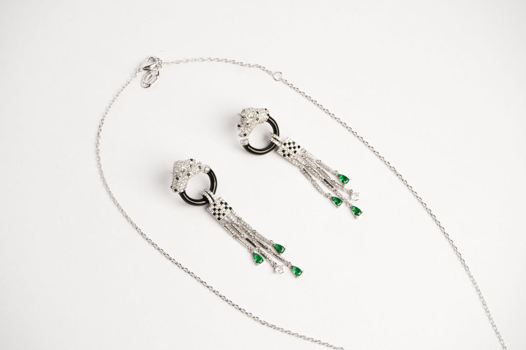 Alphabet C Panther Chain Set in Platinum with Black Circle Green Drops | Luxury Jewelry Set