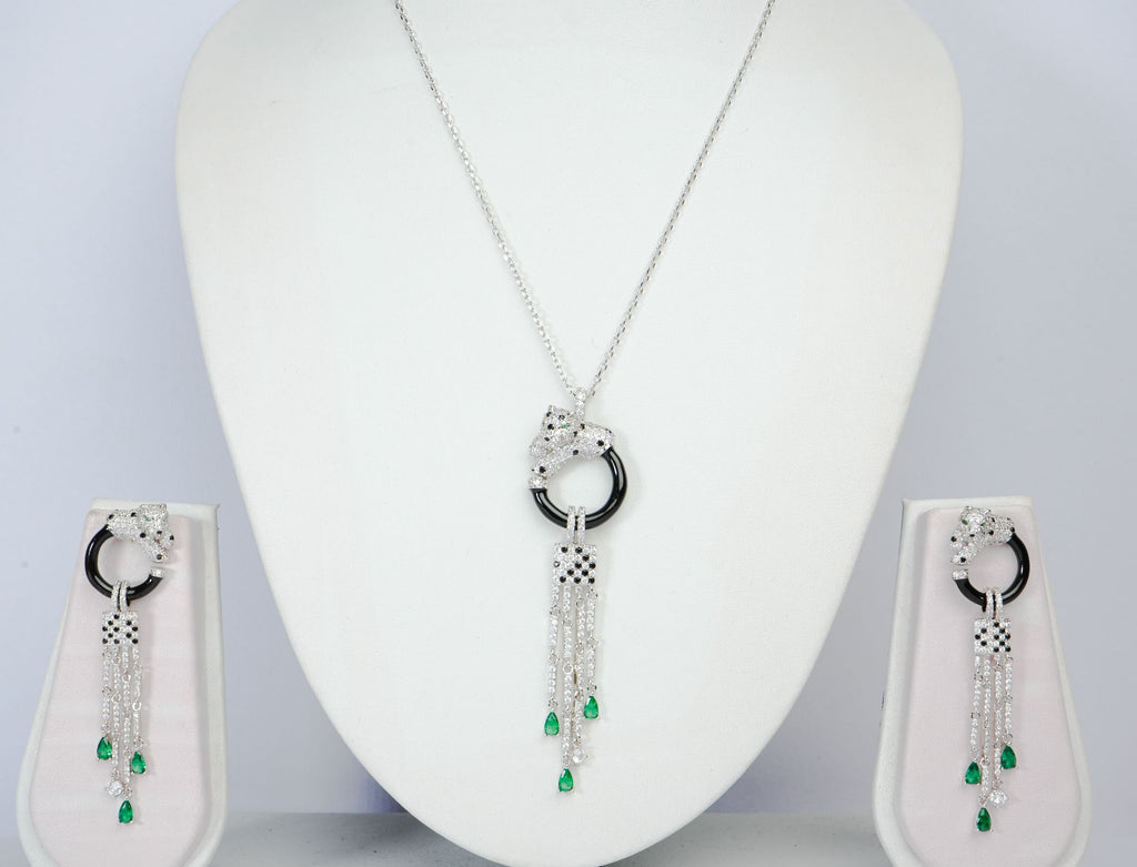 Alphabet C Panther Chain Set in Platinum with Black Circle Green Drops | Luxury Jewelry Set