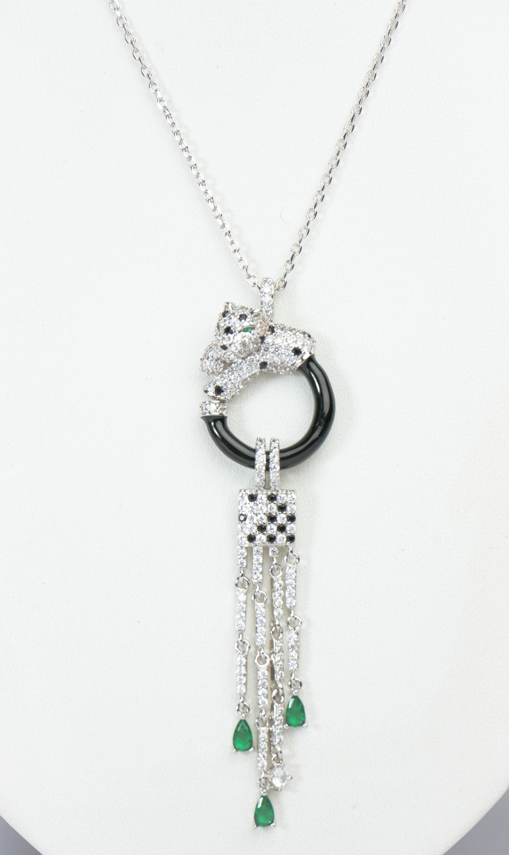 Alphabet C Panther Chain Set in Platinum with Black Circle Green Drops | Luxury Jewelry Set