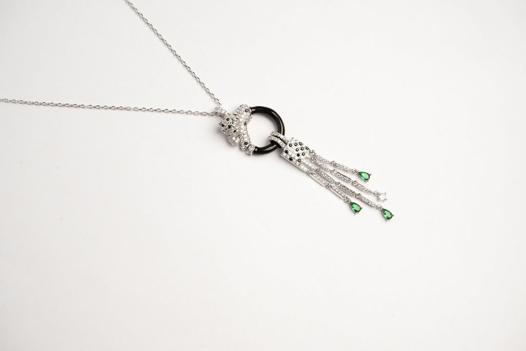Alphabet C Panther Chain Set in Platinum with Black Circle Green Drops | Luxury Jewelry Set