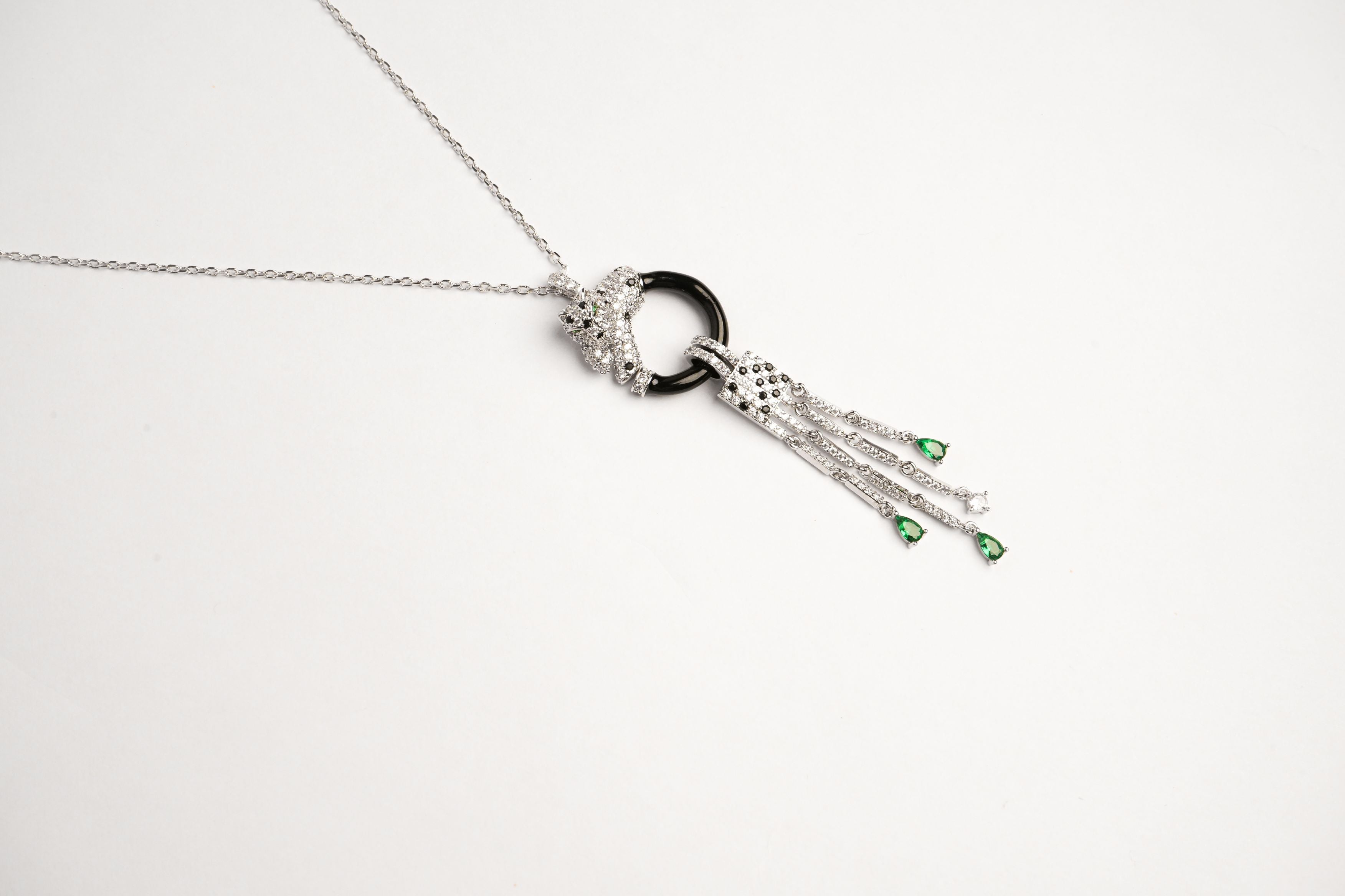 Alphabet C Panther Chain Set in Platinum with Black Circle Green Drops | Luxury Jewelry Set