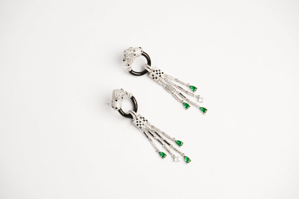 Alphabet C Panther Chain Set in Platinum with Black Circle Green Drops | Luxury Jewelry Set
