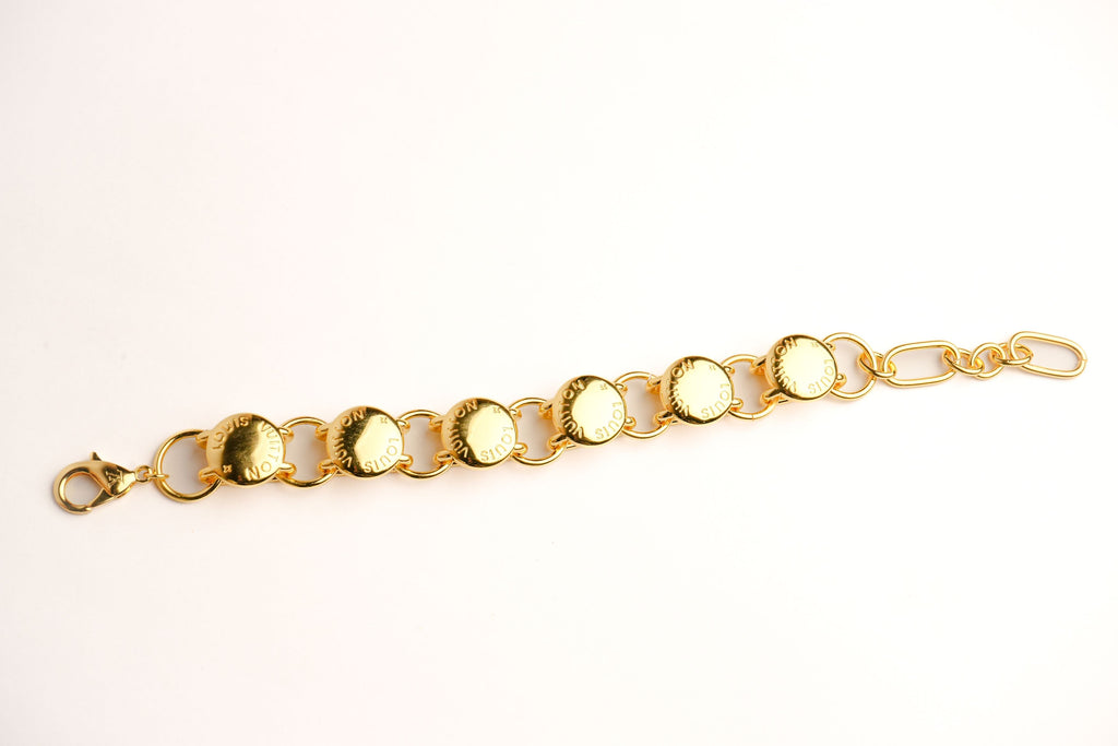 Alphabet L V Chunky Gold Round Button Bracelet | Bold Fashion Jewelry